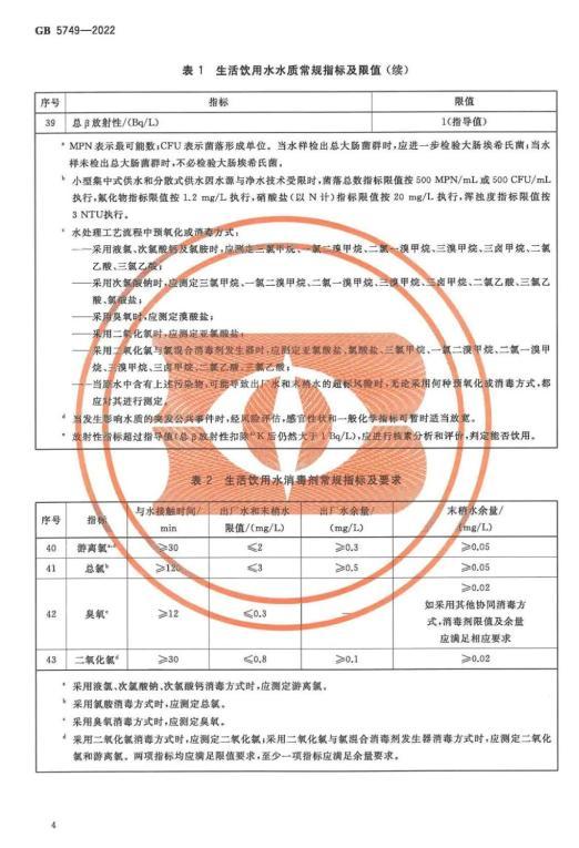 自来水余氯含量国家标准